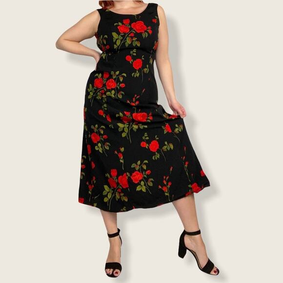 Vintage Studio1 Size 6/8 Red Rose Floating Floral Print Sleeveless Midi Dress - Picture 1 of 13